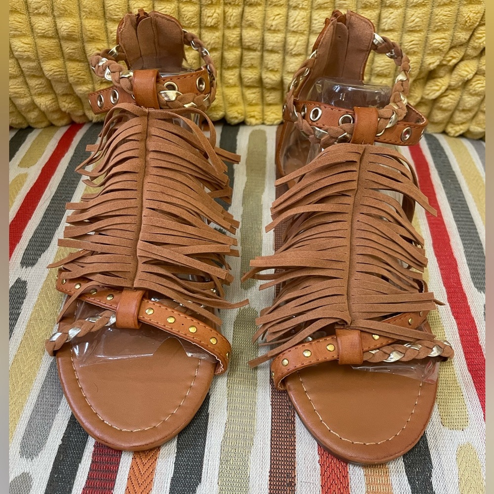 BETANI Fringe Leather Sandals with Ankle Straps